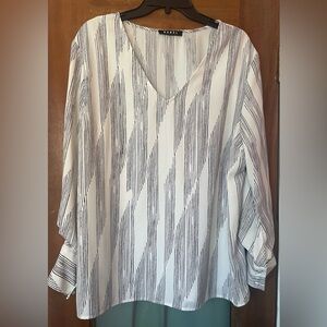 Rebel Wilson x Angels Women Plus White Black Striped LS Vneck Blouse-1X